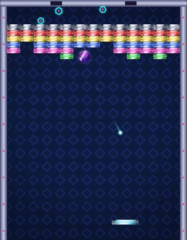 PolyBreak playfield: rows of glass jewel bricks, the paddle and the purple Polygon gem